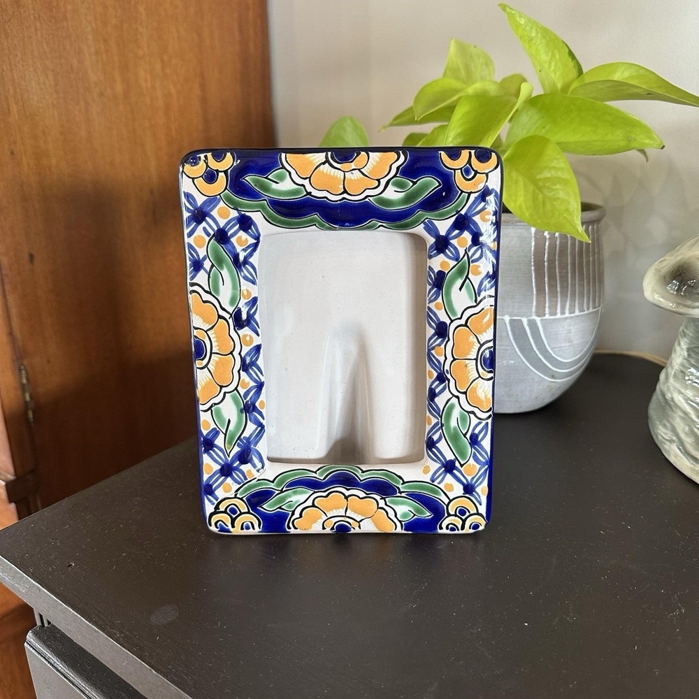Handmade Talavera Ceramic Picture Photo Frame Painted Blue Yellow Floral 4x6